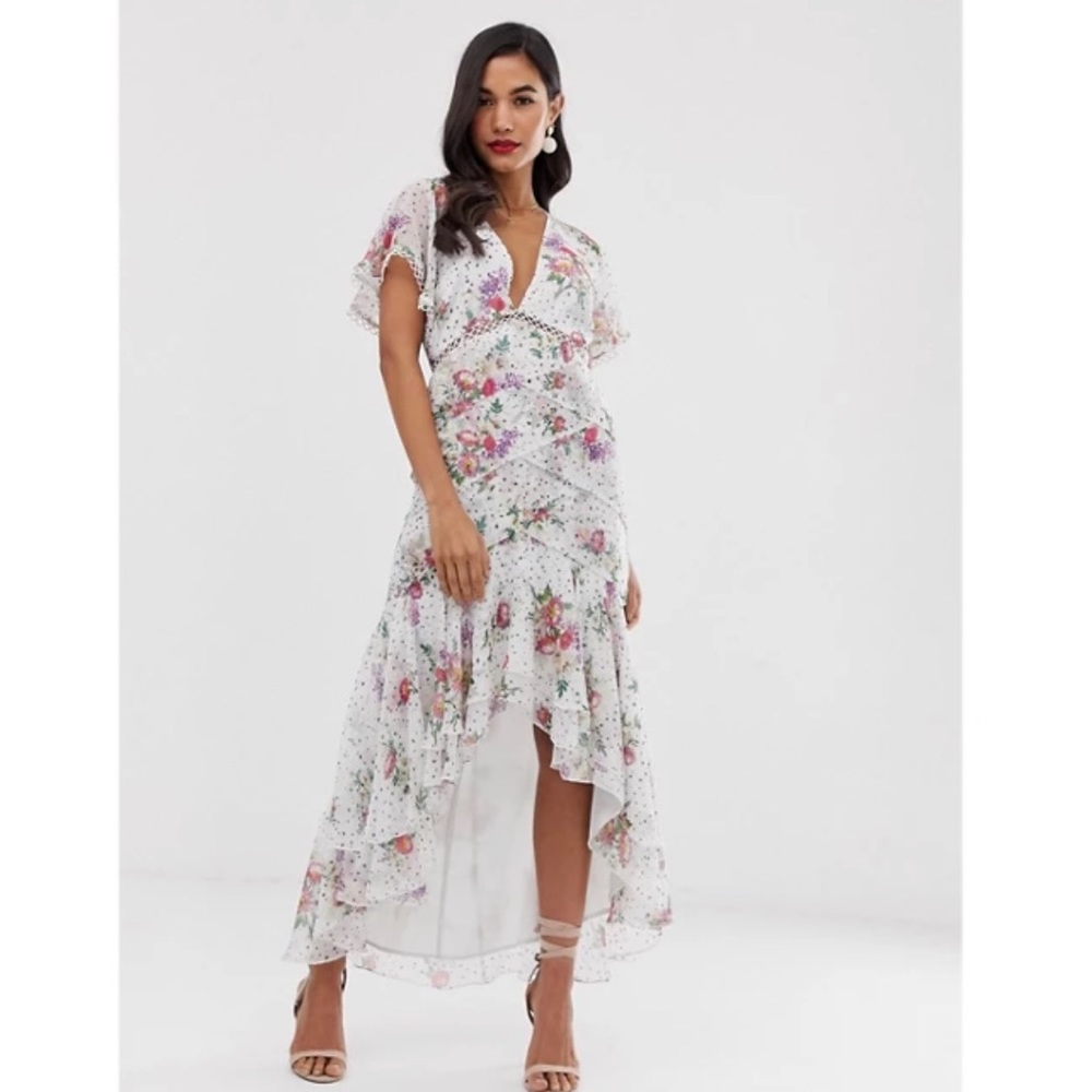 NWT ASOS Midi Dress in Spot and Floral - Lace Trim